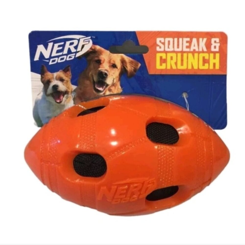 Nerf Dog Squeak & Crunch Orange Blue 6" Football New